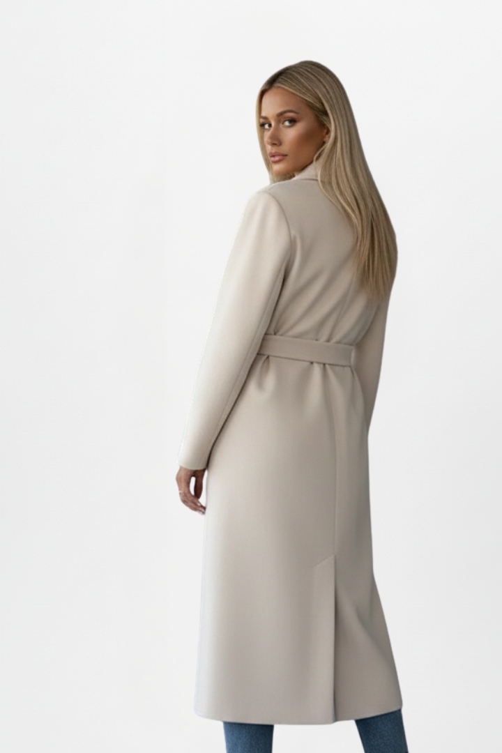 Hannelore Beige Zweireihiger Langer Mantel mit Bindegürtel für Damen | Eleganter Wintermantel - S/M/L/XL/2XL