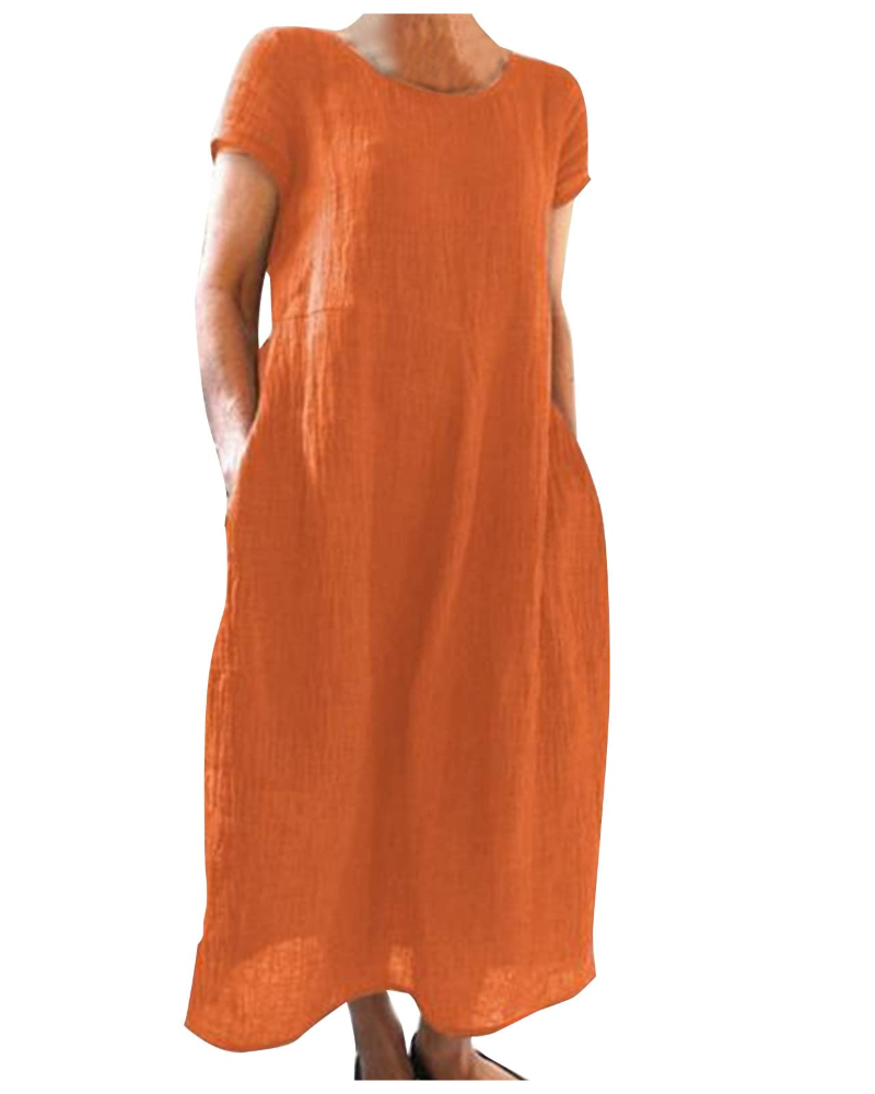 Franziska Mauve Baumwoll-Leinen Kurzarm Maxikleid für Damen | Luftig Locker Sommerkleid | Urlaub | Mit Taschen - XS-3XL