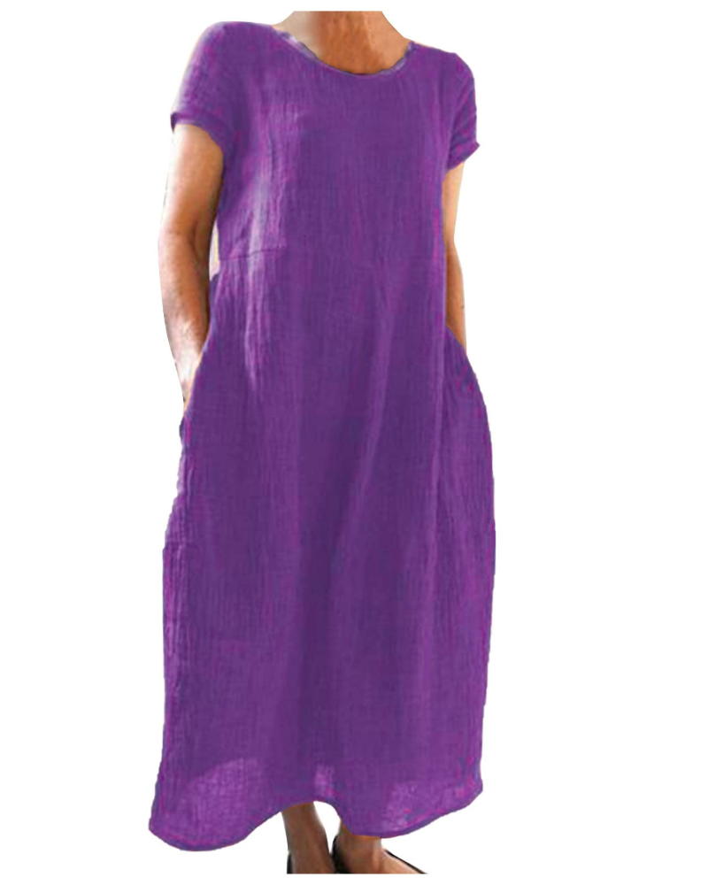 Franziska Mauve Baumwoll-Leinen Kurzarm Maxikleid für Damen | Luftig Locker Sommerkleid | Urlaub | Mit Taschen - XS-3XL