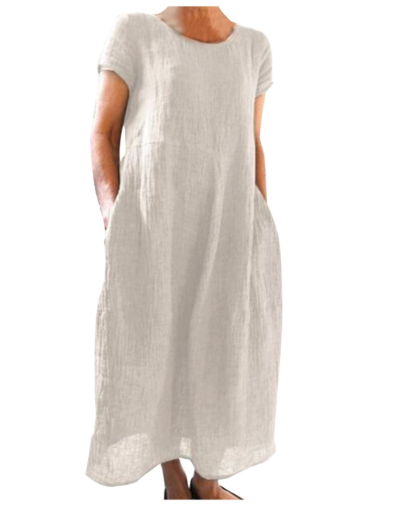 Franziska Mauve Baumwoll-Leinen Kurzarm Maxikleid für Damen | Luftig Locker Sommerkleid | Urlaub | Mit Taschen - XS-3XL