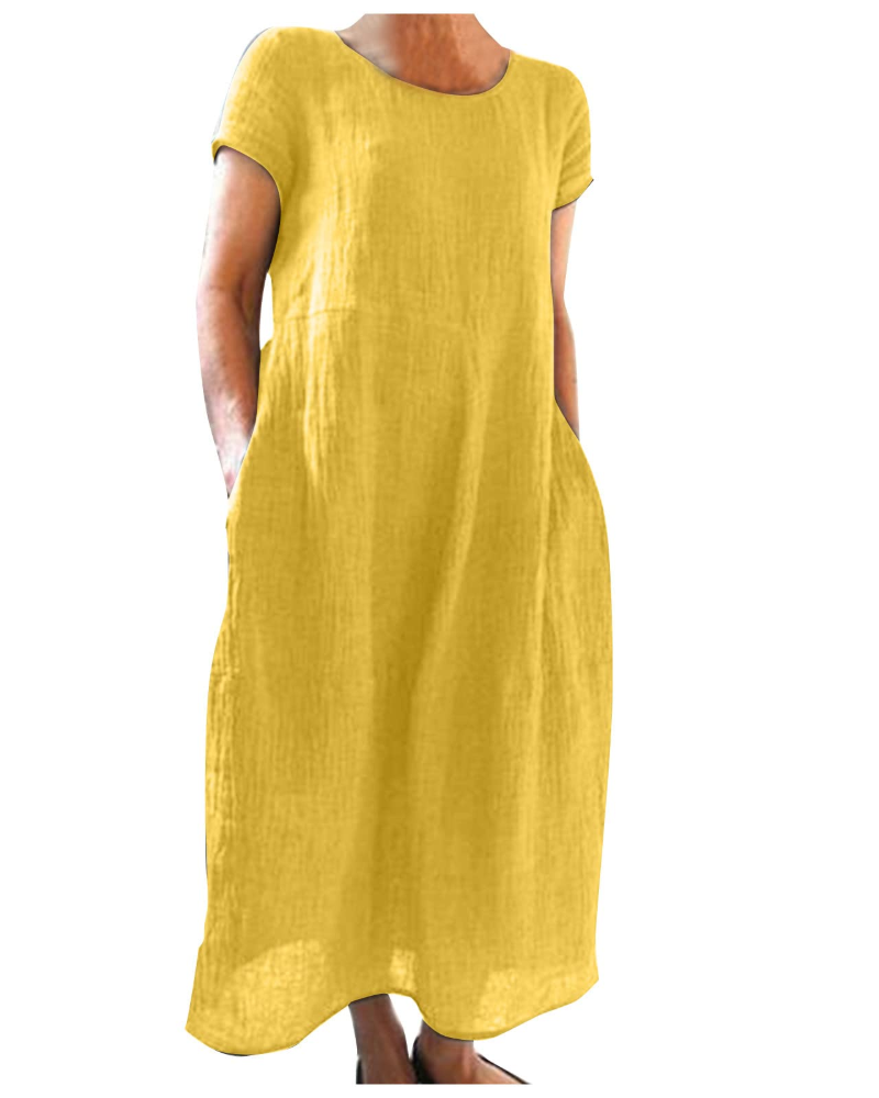 Franziska Mauve Baumwoll-Leinen Kurzarm Maxikleid für Damen | Luftig Locker Sommerkleid | Urlaub | Mit Taschen - XS-3XL