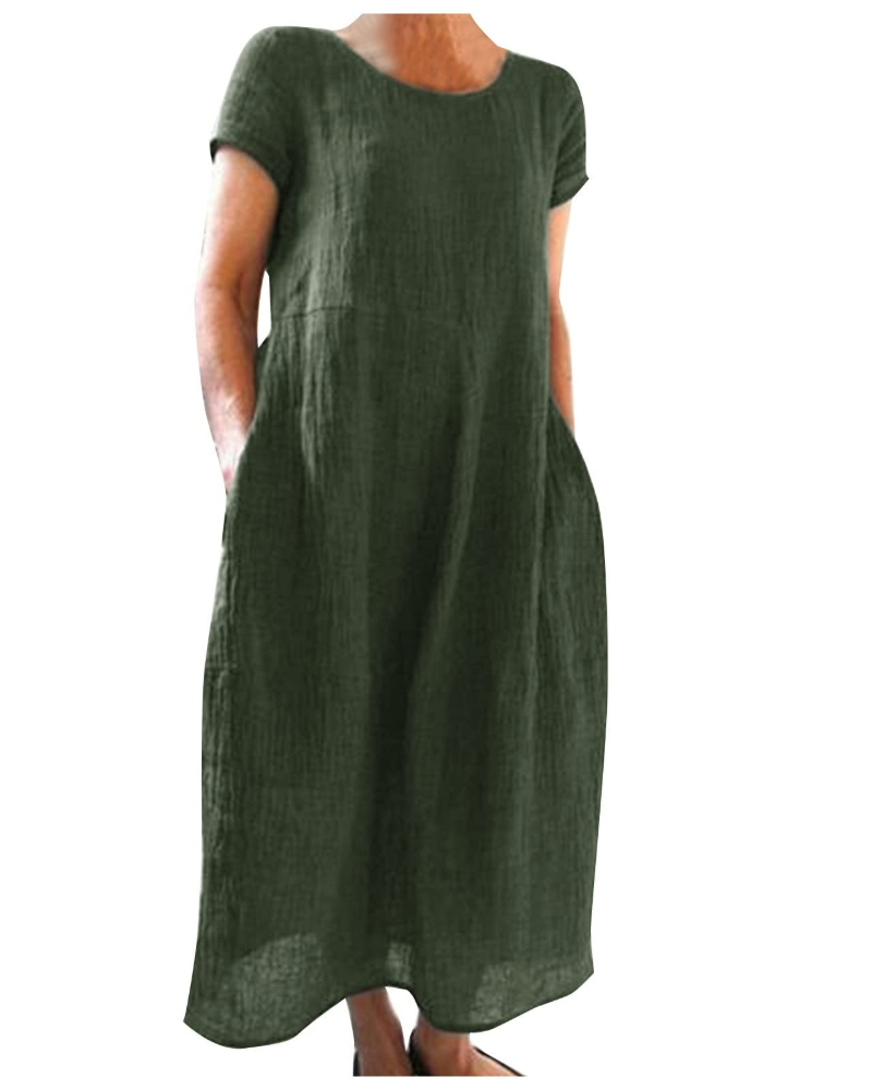 Franziska Mauve Baumwoll-Leinen Kurzarm Maxikleid für Damen | Luftig Locker Sommerkleid | Urlaub | Mit Taschen - XS-3XL