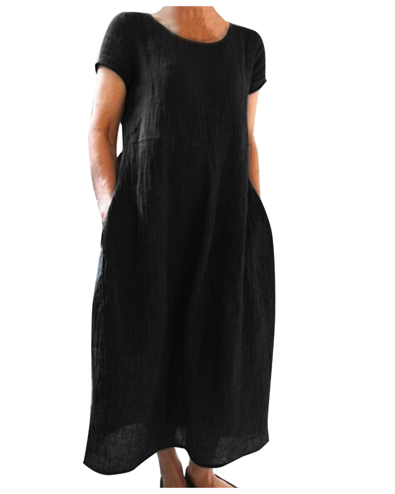 Franziska Mauve Baumwoll-Leinen Kurzarm Maxikleid für Damen | Luftig Locker Sommerkleid | Urlaub | Mit Taschen - XS-3XL