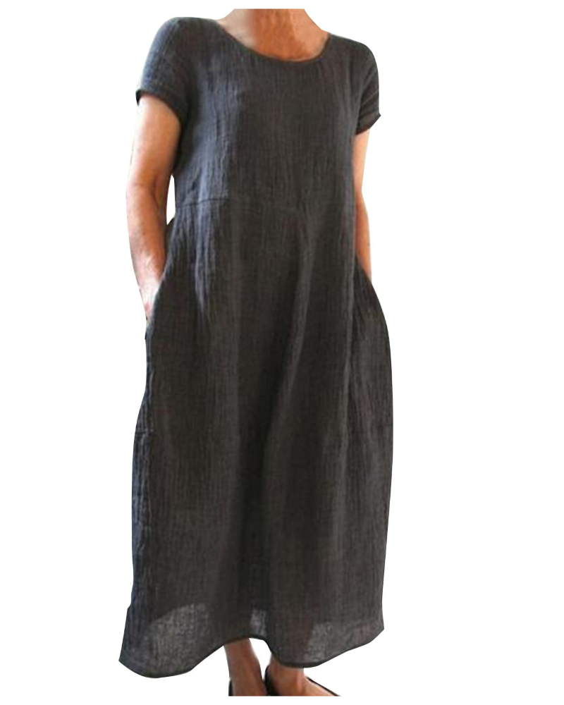 Franziska Mauve Baumwoll-Leinen Kurzarm Maxikleid für Damen | Luftig Locker Sommerkleid | Urlaub | Mit Taschen - XS-3XL