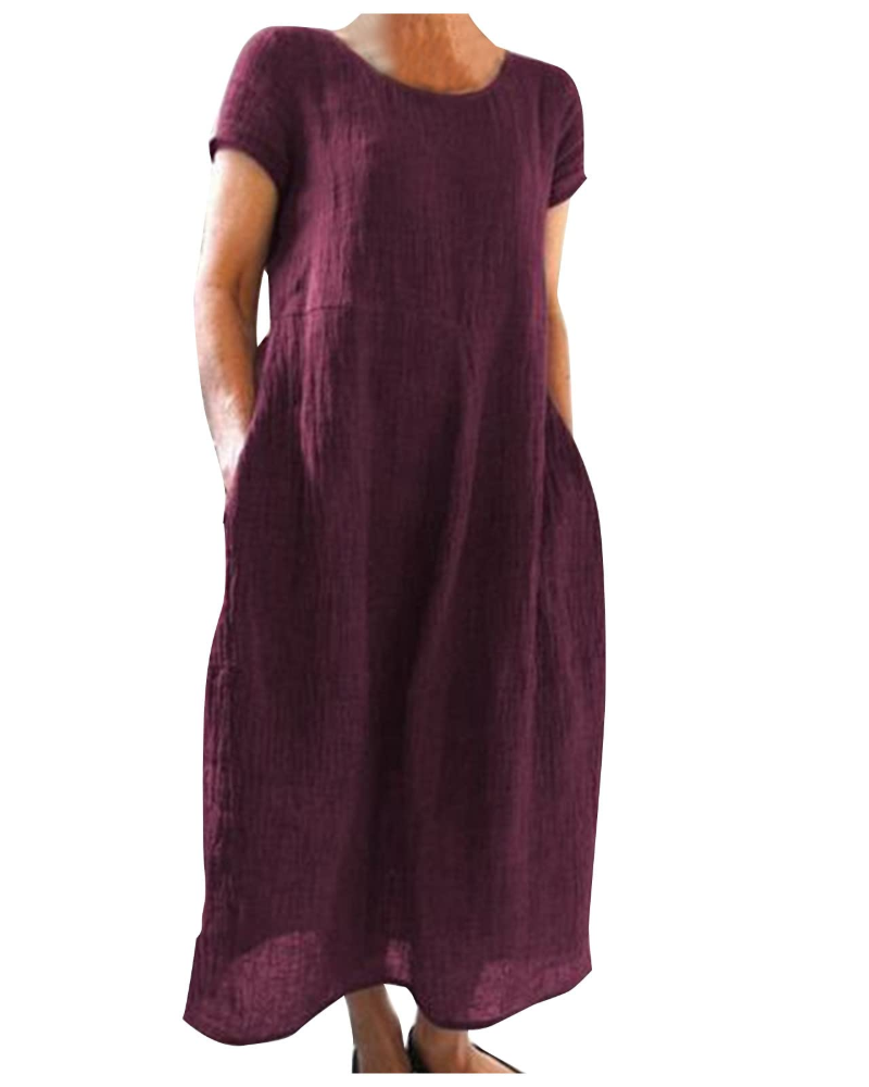 Franziska Mauve Baumwoll-Leinen Kurzarm Maxikleid für Damen | Luftig Locker Sommerkleid | Urlaub | Mit Taschen - XS-3XL