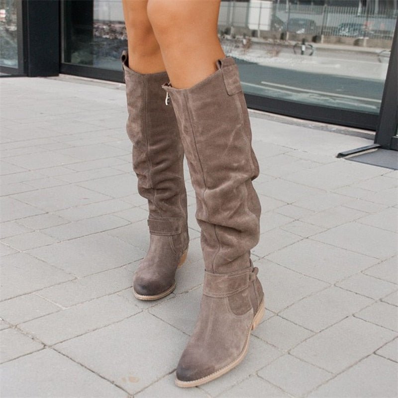 Anni Beige Slouchy Kniehohe Stiefel für Damen in Veloursleder-Optik | Herbst Casual - EU 34-40