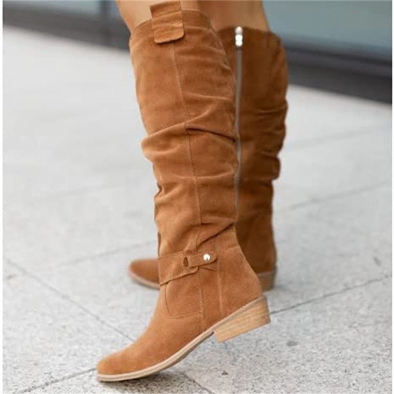 Anni Beige Slouchy Kniehohe Stiefel für Damen in Veloursleder-Optik | Herbst Casual - EU 34-40