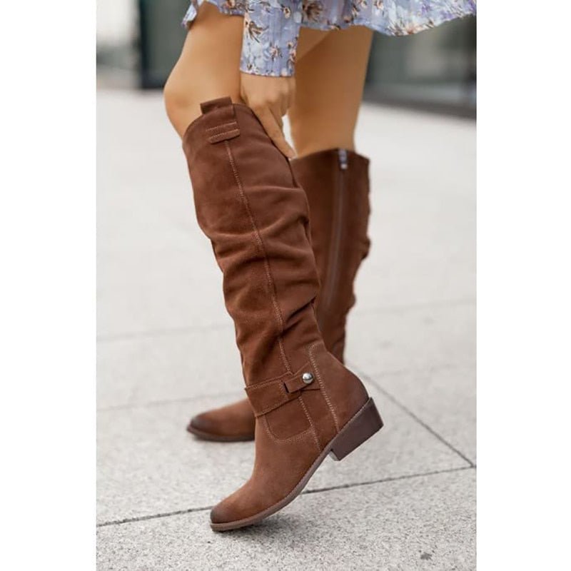 Anni Beige Slouchy Kniehohe Stiefel für Damen in Veloursleder-Optik | Herbst Casual - EU 34-40