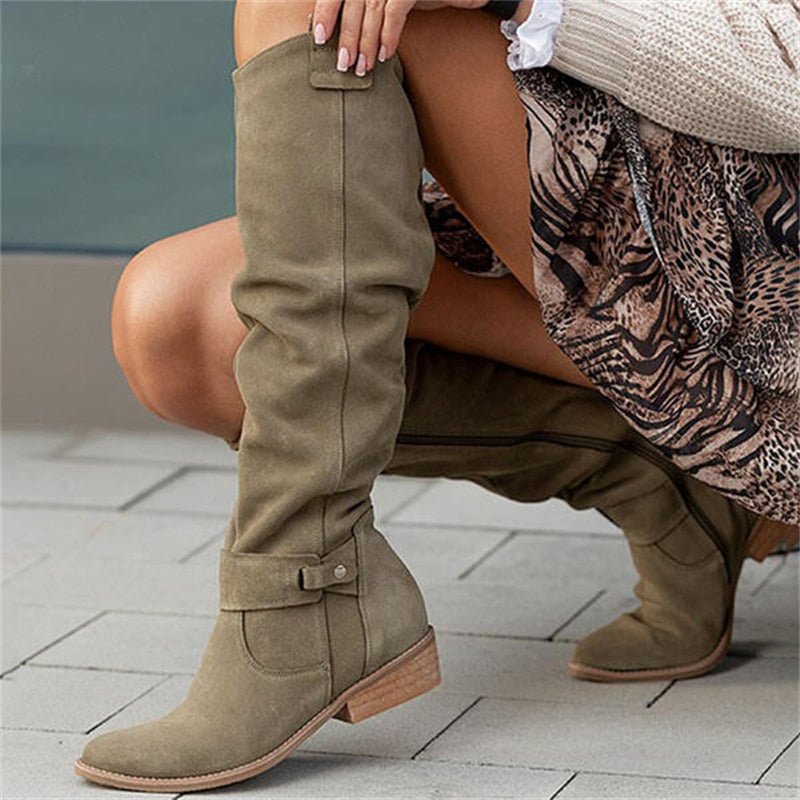 Anni Beige Slouchy Kniehohe Stiefel für Damen in Veloursleder-Optik | Herbst Casual - EU 34-40