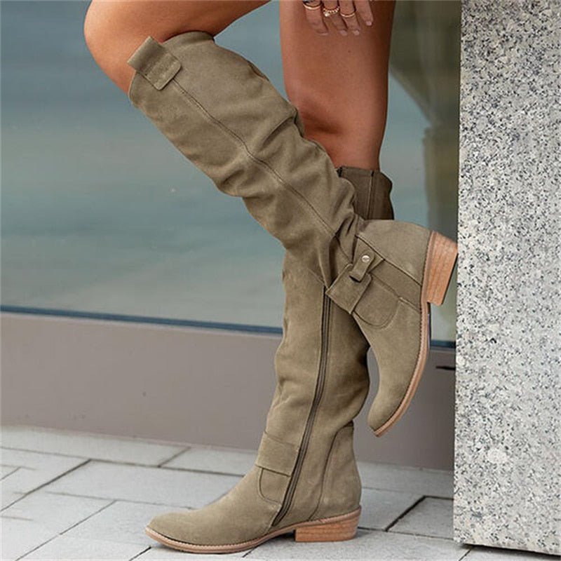 Anni Beige Slouchy Kniehohe Stiefel für Damen in Veloursleder-Optik | Herbst Casual - EU 34-40