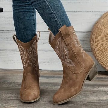 Monika Camel Bestickte Westernstiefel in Veloursleder-Optik für Damen | Blockabsatz Boho Vintage Stil - EU 36/37/38/39/40/41/42