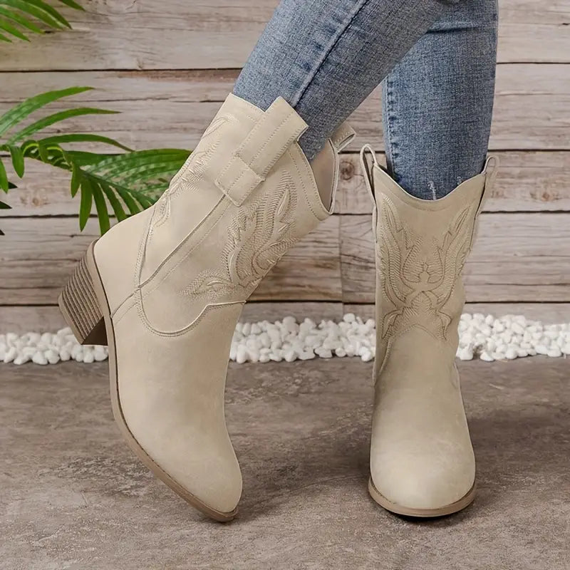 Monika Camel Bestickte Westernstiefel in Veloursleder-Optik für Damen | Blockabsatz Boho Vintage Stil - EU 36/37/38/39/40/41/42