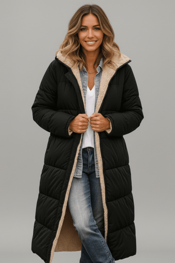 Wanda Schwarz Longline Puffer-Jacke mit Kapuze und Sherpa-Futter für Damen | Winter Casual - S/M/L/XL/2XL/3XL