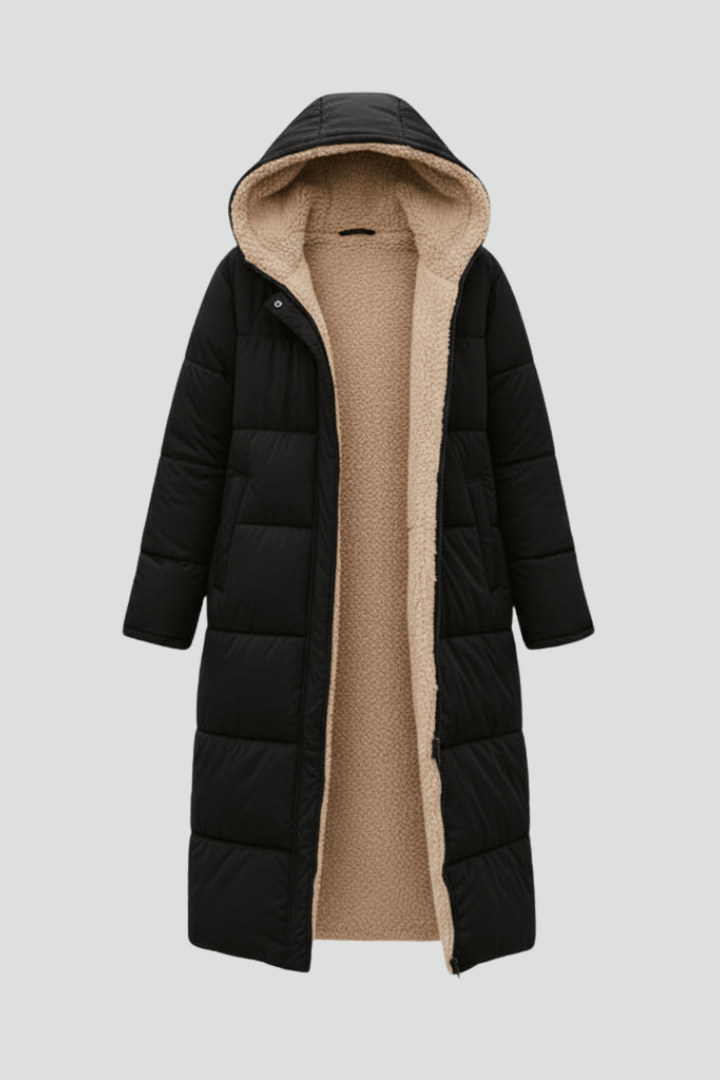 Wanda Schwarz Longline Puffer-Jacke mit Kapuze und Sherpa-Futter für Damen | Winter Casual - S/M/L/XL/2XL/3XL