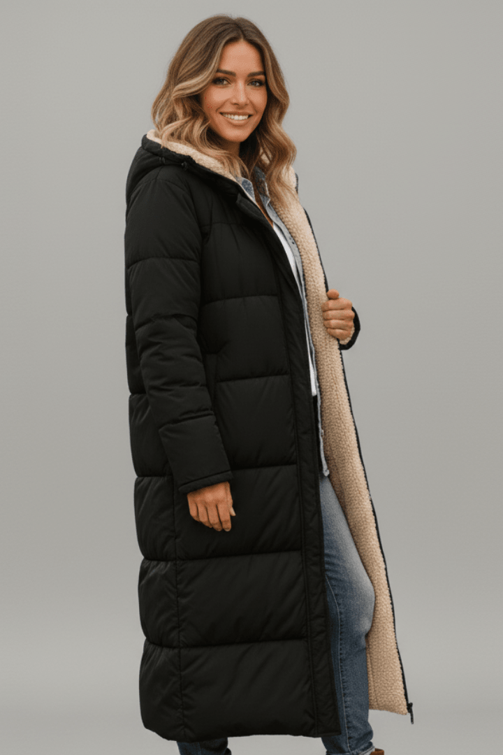 Wanda Schwarz Longline Puffer-Jacke mit Kapuze und Sherpa-Futter für Damen | Winter Casual - S/M/L/XL/2XL/3XL