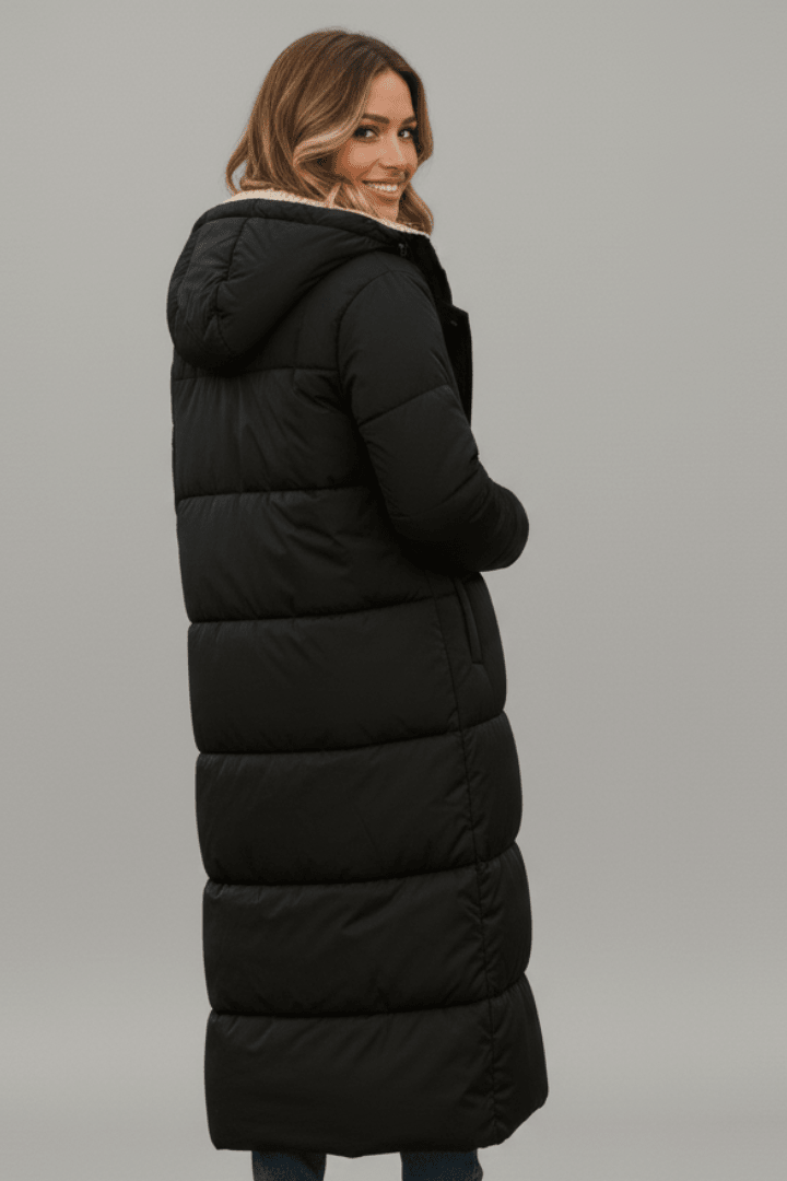 Wanda Schwarz Longline Puffer-Jacke mit Kapuze und Sherpa-Futter für Damen | Winter Casual - S/M/L/XL/2XL/3XL