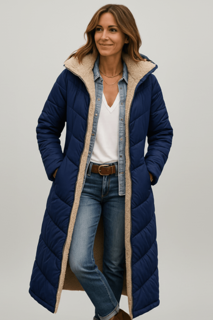 Wanda Schwarz Longline Puffer-Jacke mit Kapuze und Sherpa-Futter für Damen | Winter Casual - S/M/L/XL/2XL/3XL