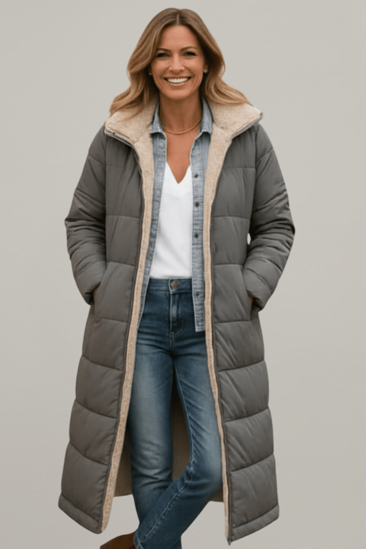 Wanda Schwarz Longline Puffer-Jacke mit Kapuze und Sherpa-Futter für Damen | Winter Casual - S/M/L/XL/2XL/3XL