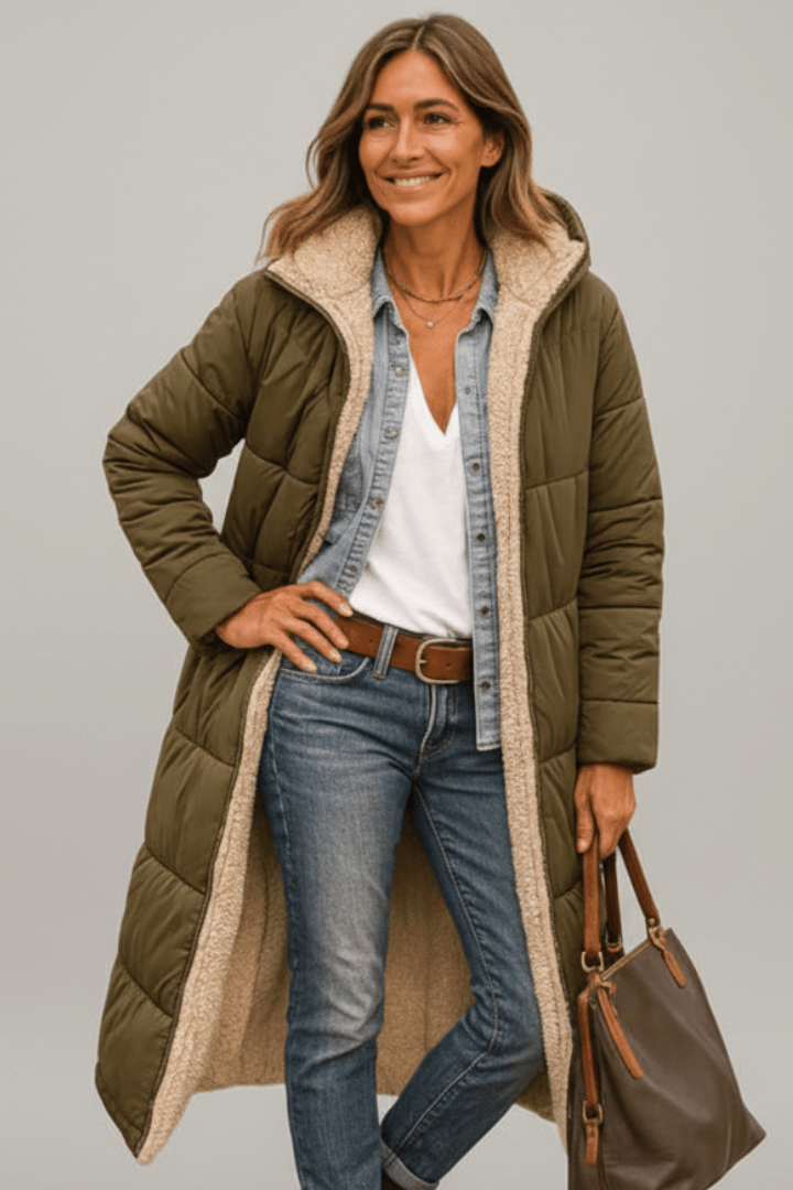 Wanda Schwarz Longline Puffer-Jacke mit Kapuze und Sherpa-Futter für Damen | Winter Casual - S/M/L/XL/2XL/3XL