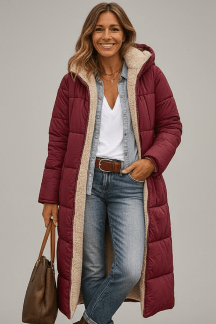 Wanda Schwarz Longline Puffer-Jacke mit Kapuze und Sherpa-Futter für Damen | Winter Casual - S/M/L/XL/2XL/3XL
