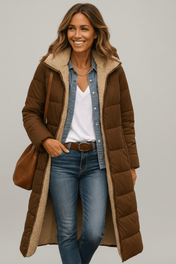 Wanda Schwarz Longline Puffer-Jacke mit Kapuze und Sherpa-Futter für Damen | Winter Casual - S/M/L/XL/2XL/3XL