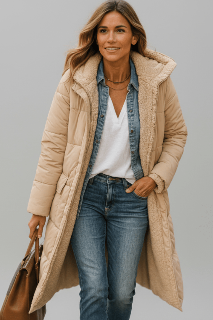 Wanda Schwarz Longline Puffer-Jacke mit Kapuze und Sherpa-Futter für Damen | Winter Casual - S/M/L/XL/2XL/3XL