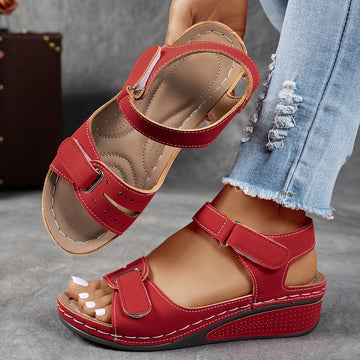 Vreni Rot Komfort Keilsandalen mit Klettverschluss für Damen | Leder-Optik Sommerschuhe Casual - EU 36-43