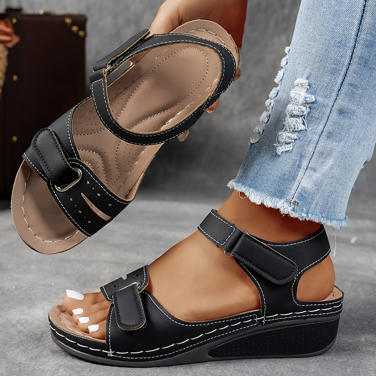 Vreni Rot Komfort Keilsandalen mit Klettverschluss für Damen | Leder-Optik Sommerschuhe Casual - EU 36-43