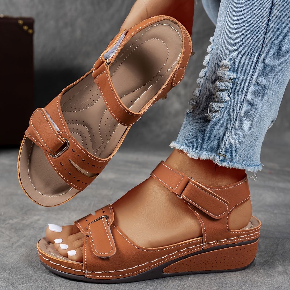 Vreni Rot Komfort Keilsandalen mit Klettverschluss für Damen | Leder-Optik Sommerschuhe Casual - EU 36-43