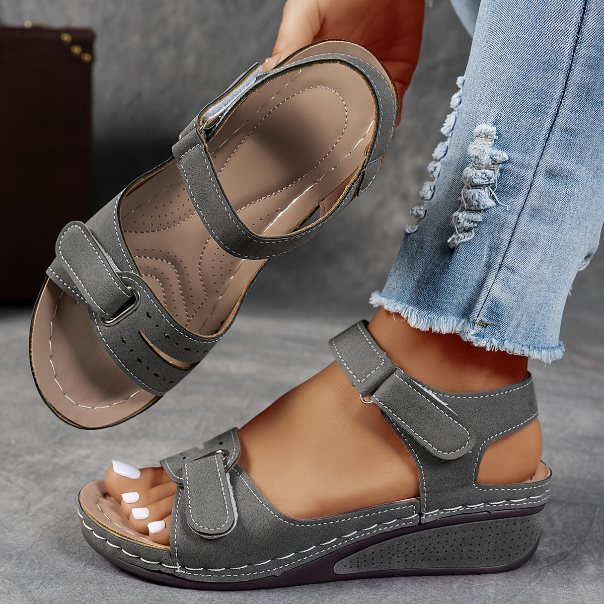 Vreni Rot Komfort Keilsandalen mit Klettverschluss für Damen | Leder-Optik Sommerschuhe Casual - EU 36-43