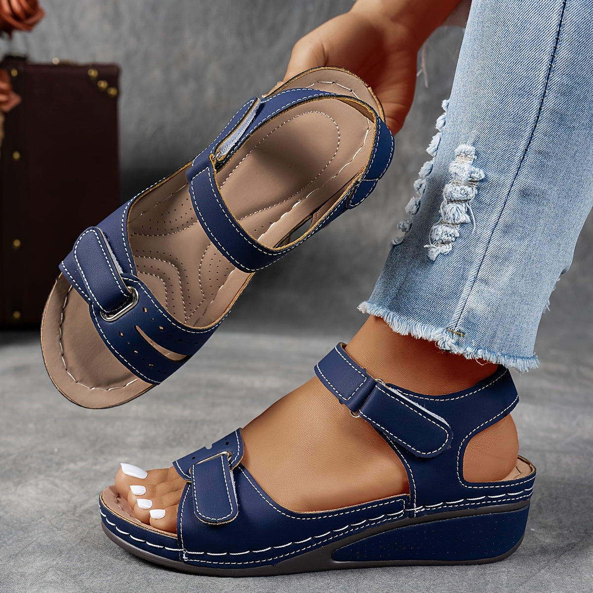 Vreni Rot Komfort Keilsandalen mit Klettverschluss für Damen | Leder-Optik Sommerschuhe Casual - EU 36-43