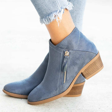 Vreni Azurblau Veloursleder-Optik Ankle Boots für Damen | Blockabsatz Seitlicher Reissverschluss Casual - EU 35-43
