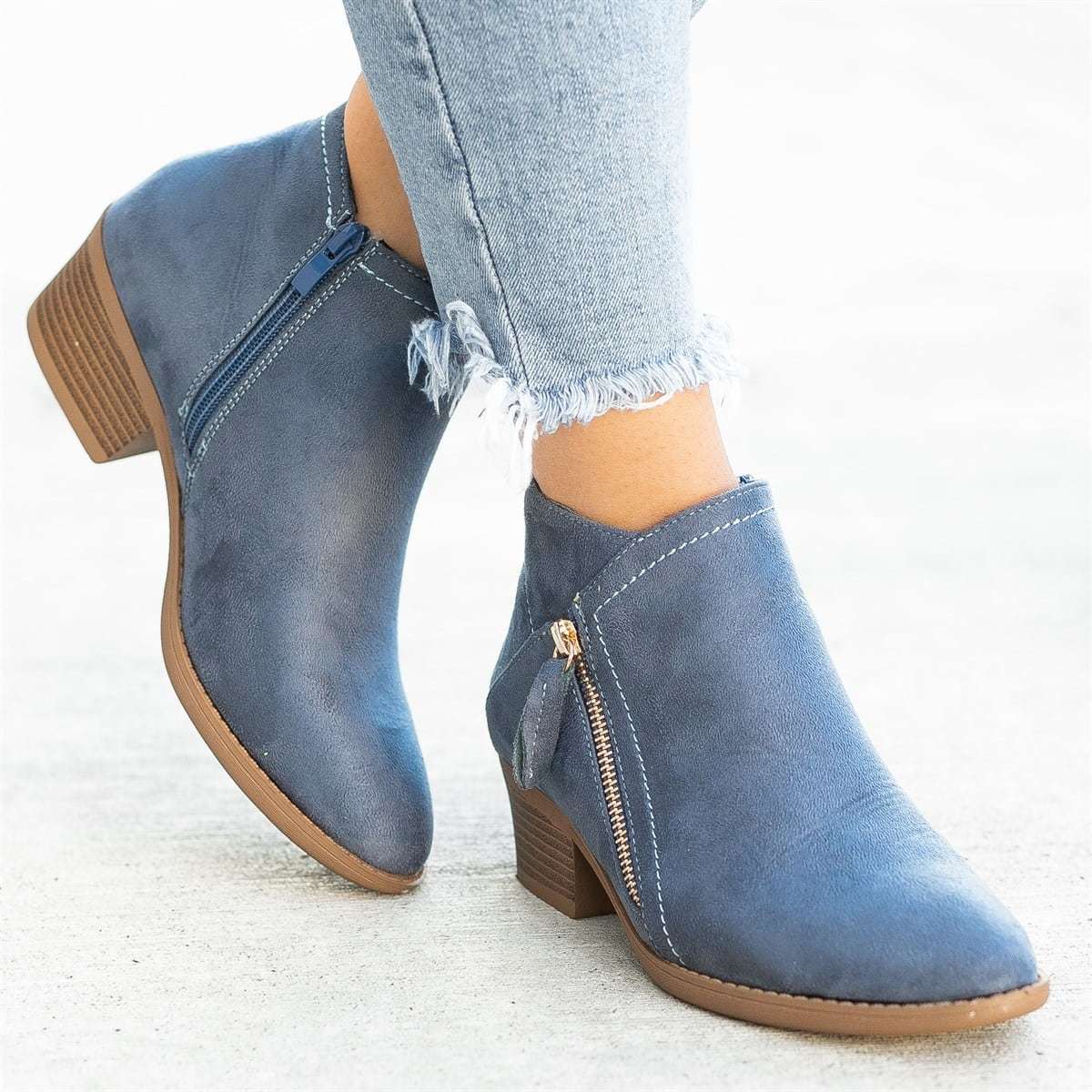 Vreni Azurblau Veloursleder-Optik Ankle Boots für Damen | Blockabsatz Seitlicher Reissverschluss Casual - EU 35-43