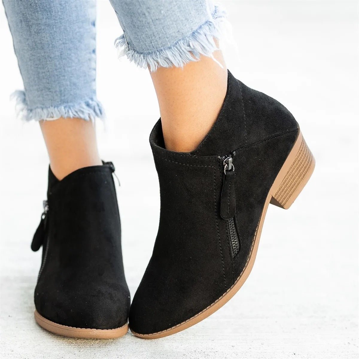 Vreni Azurblau Veloursleder-Optik Ankle Boots für Damen | Blockabsatz Seitlicher Reissverschluss Casual - EU 35-43