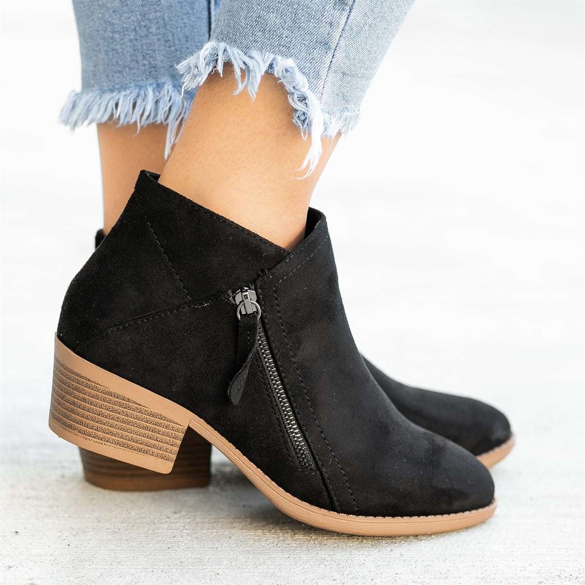 Vreni Azurblau Veloursleder-Optik Ankle Boots für Damen | Blockabsatz Seitlicher Reissverschluss Casual - EU 35-43