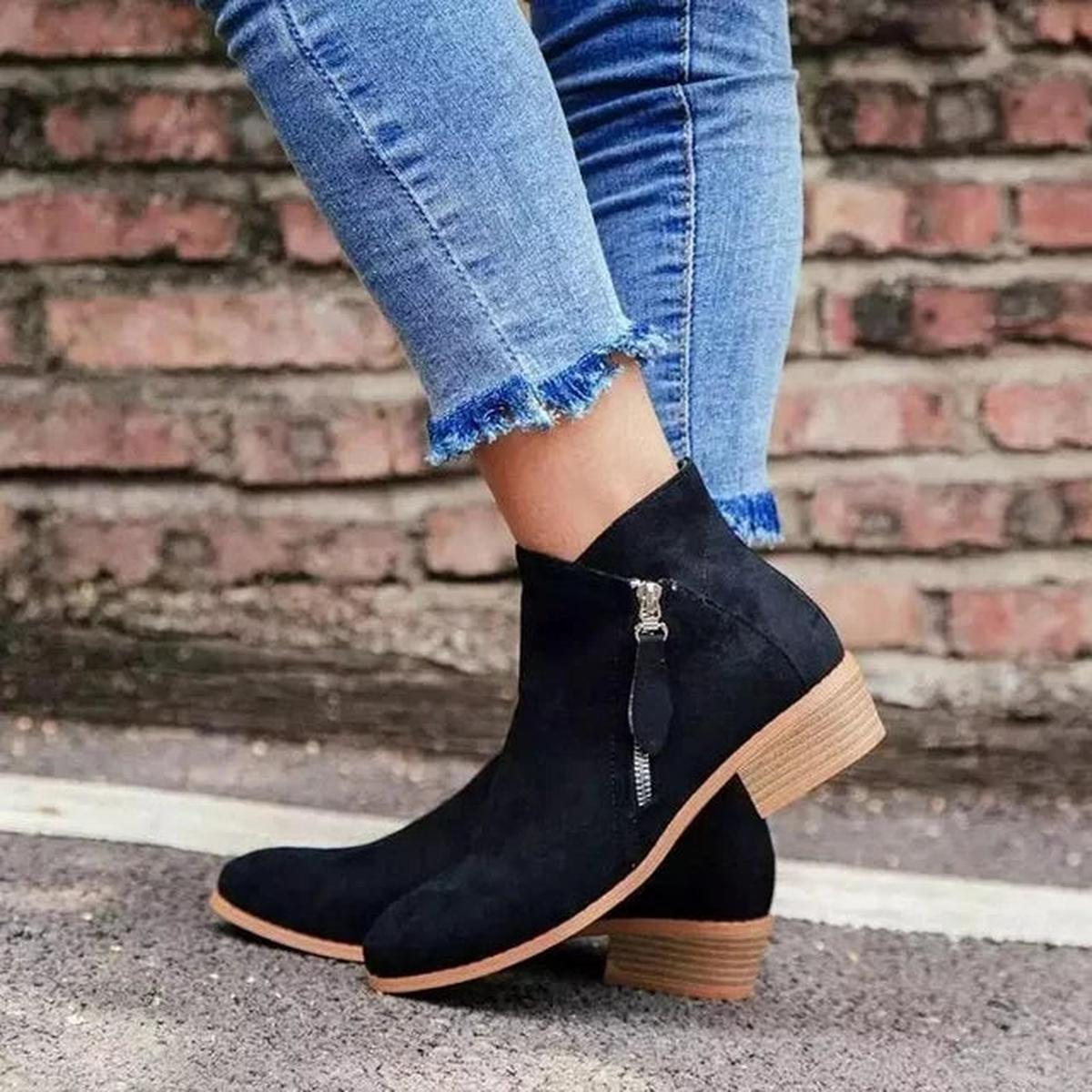 Vreni Azurblau Veloursleder-Optik Ankle Boots für Damen | Blockabsatz Seitlicher Reissverschluss Casual - EU 35-43