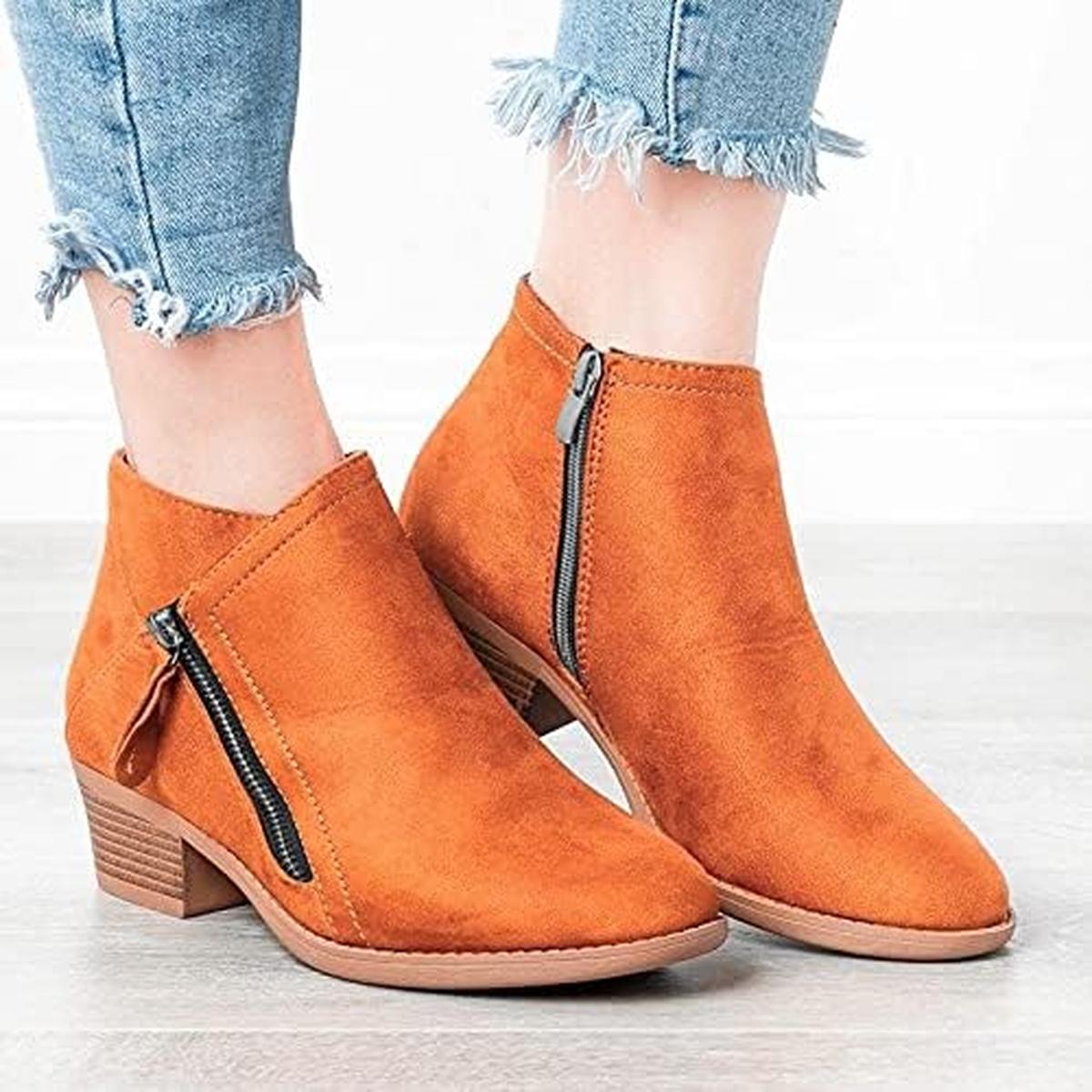 Vreni Azurblau Veloursleder-Optik Ankle Boots für Damen | Blockabsatz Seitlicher Reissverschluss Casual - EU 35-43