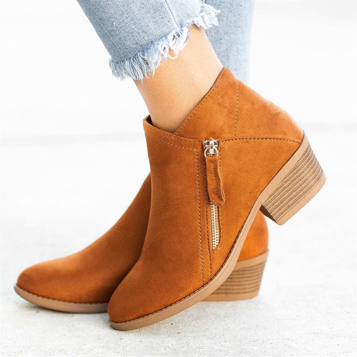Vreni Azurblau Veloursleder-Optik Ankle Boots für Damen | Blockabsatz Seitlicher Reissverschluss Casual - EU 35-43