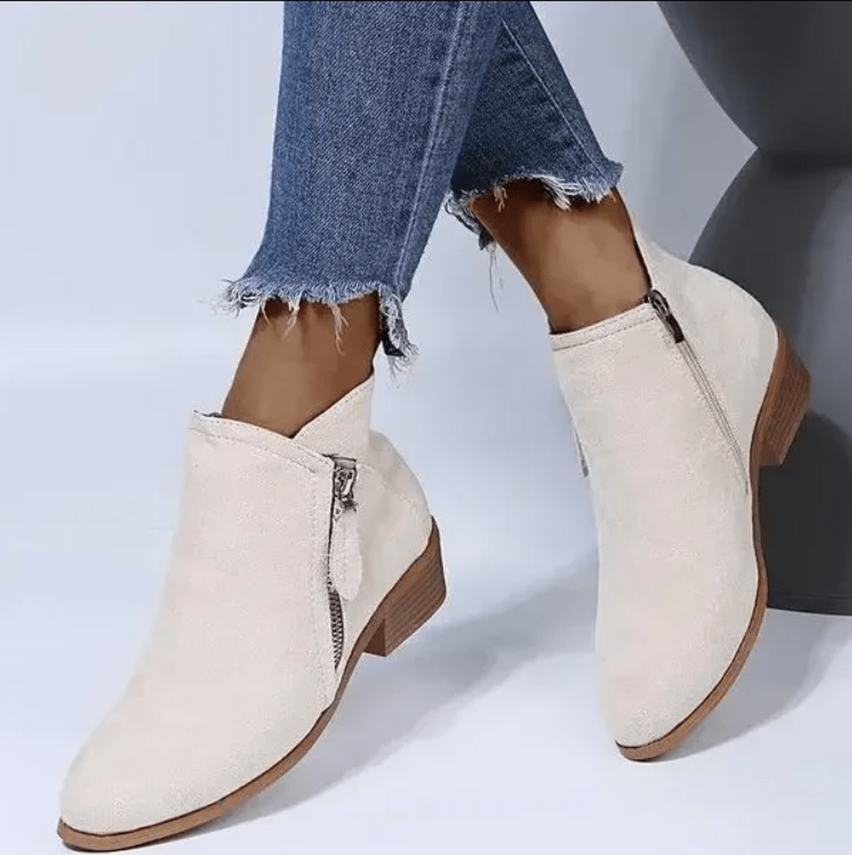 Vreni Azurblau Veloursleder-Optik Ankle Boots für Damen | Blockabsatz Seitlicher Reissverschluss Casual - EU 35-43