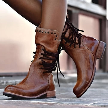 Rita Braun Vintage Schnür-Stiefel in Leder-Optik mit Nieten und Blockabsatz für Damen | Casual Boho Stil - EU 35-43