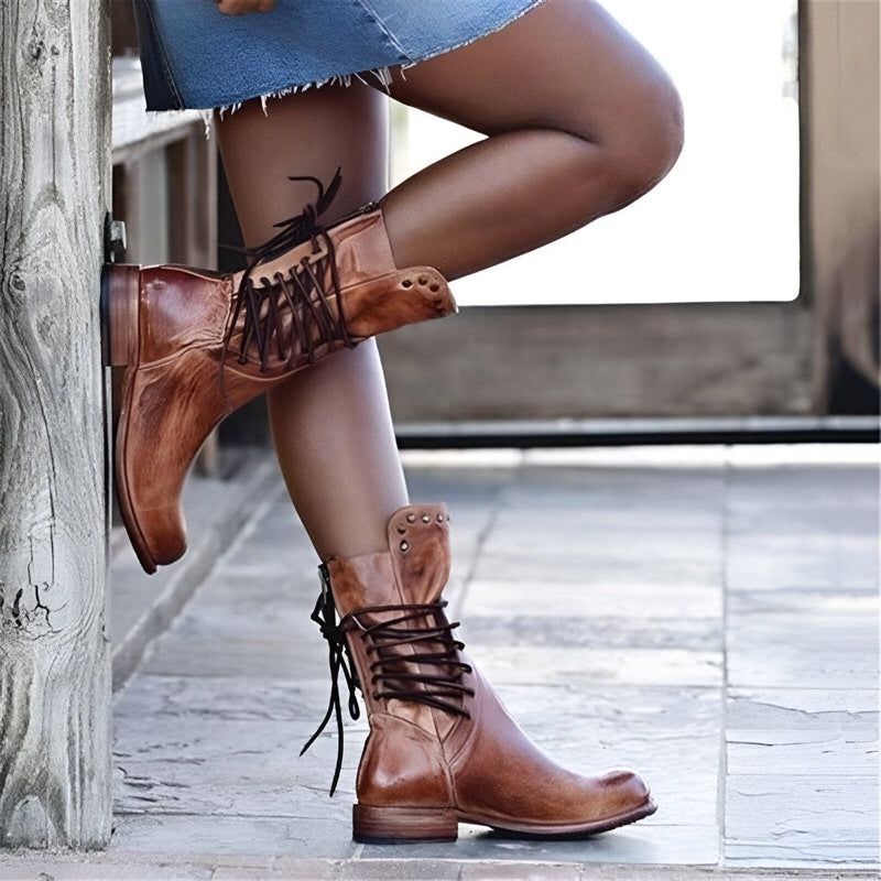 Rita Braun Vintage Schnür-Stiefel in Leder-Optik mit Nieten und Blockabsatz für Damen | Casual Boho Stil - EU 35-43