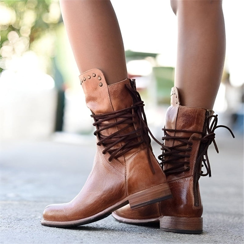 Rita Braun Vintage Schnür-Stiefel in Leder-Optik mit Nieten und Blockabsatz für Damen | Casual Boho Stil - EU 35-43