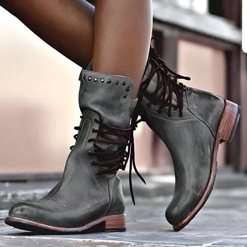 Rita Braun Vintage Schnür-Stiefel in Leder-Optik mit Nieten und Blockabsatz für Damen | Casual Boho Stil - EU 35-43