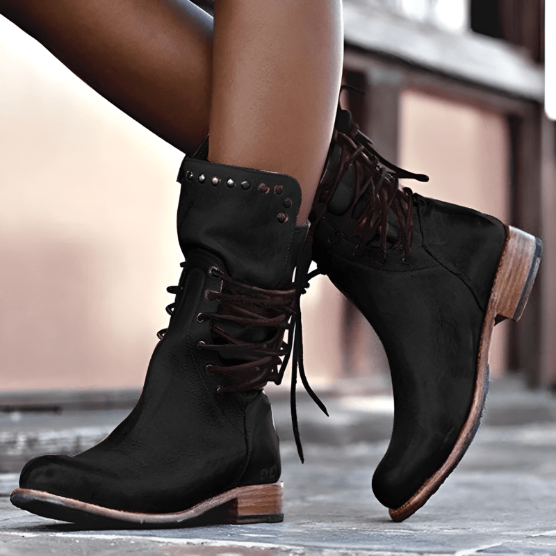 Rita Braun Vintage Schnür-Stiefel in Leder-Optik mit Nieten und Blockabsatz für Damen | Casual Boho Stil - EU 35-43