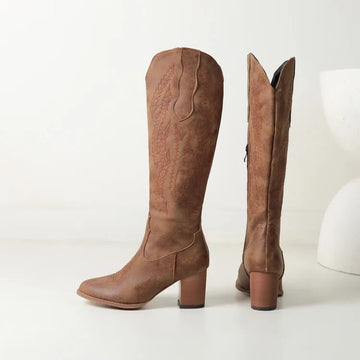 Ida Khaki Kniehohe Cowboystiefel für Damen | Western Stil Leder-Optik Blockabsatz - EU 33-45