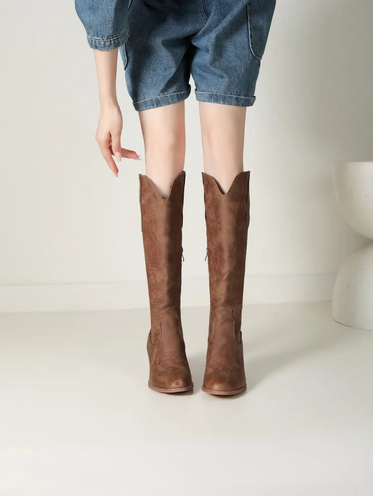 Ida Khaki Kniehohe Cowboystiefel für Damen | Western Stil Leder-Optik Blockabsatz - EU 33-45