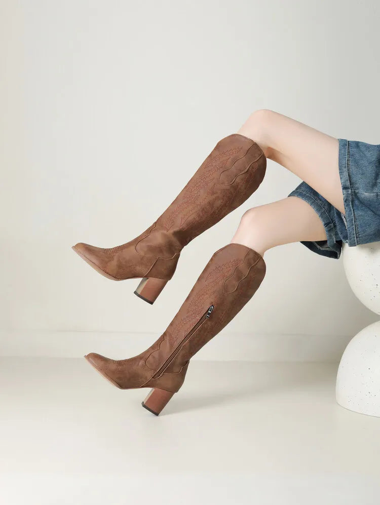 Ida Khaki Kniehohe Cowboystiefel für Damen | Western Stil Leder-Optik Blockabsatz - EU 33-45