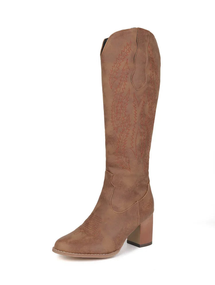 Ida Khaki Kniehohe Cowboystiefel für Damen | Western Stil Leder-Optik Blockabsatz - EU 33-45