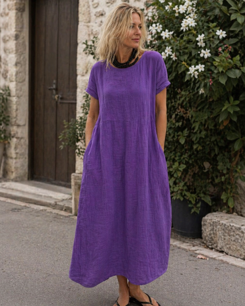 Franziska Mauve Baumwoll-Leinen Kurzarm Maxikleid für Damen | Luftig Locker Sommerkleid | Urlaub | Mit Taschen - XS-3XL