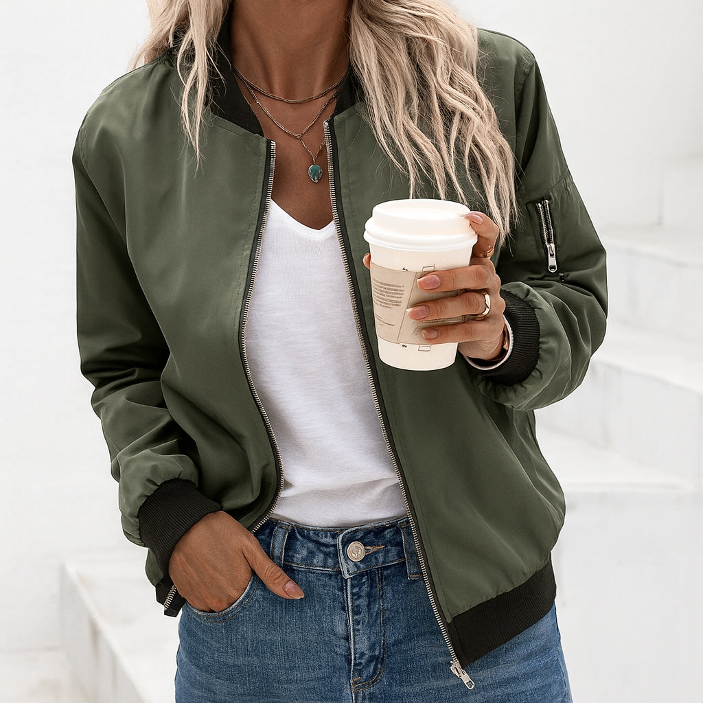 Vreni Armeegrün Leichte Klassische Bomberjacke für Damen | Casual Streetwear Frühling Herbst - S/M/L/XL/2XL/3XL